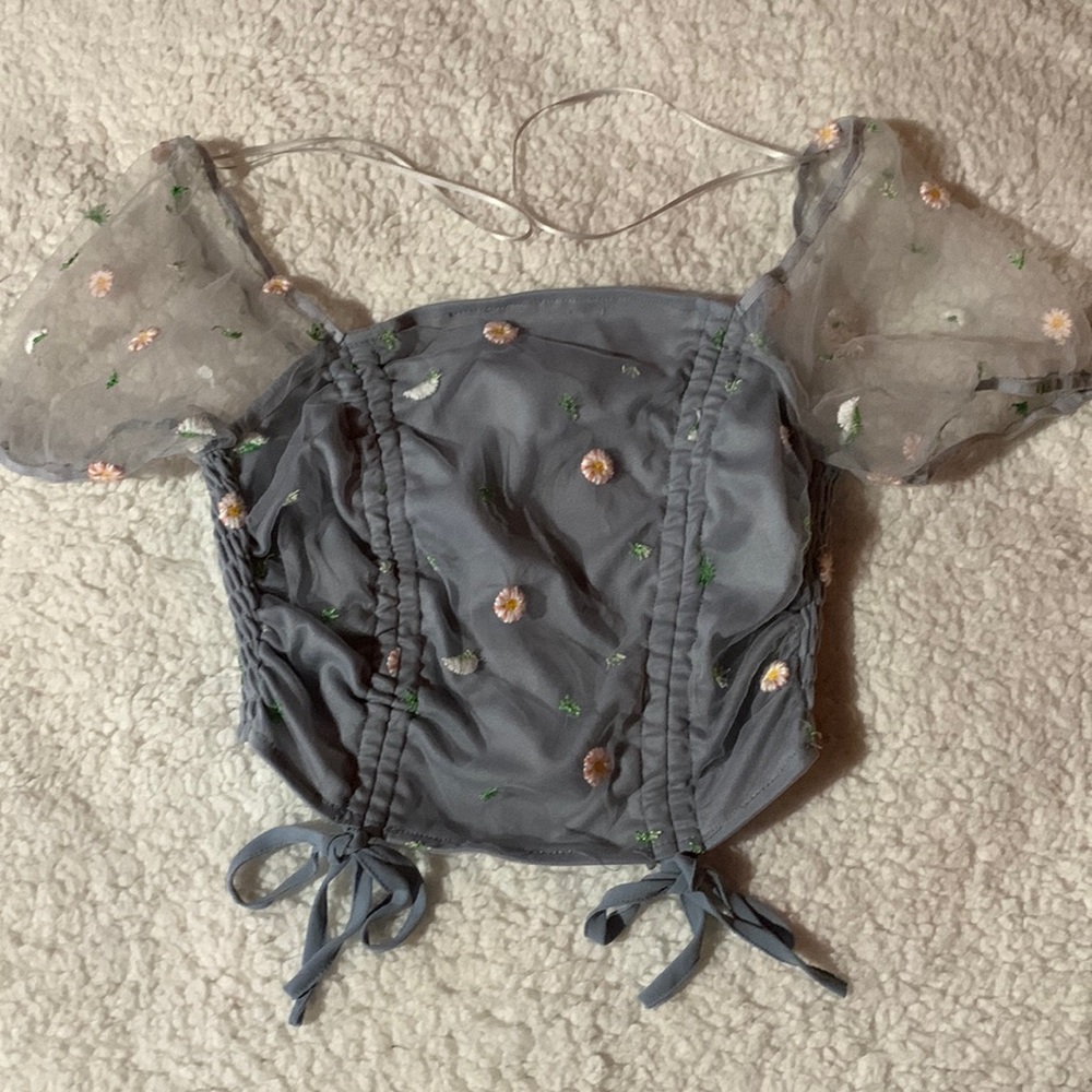 mesh crop top with puff sleeves